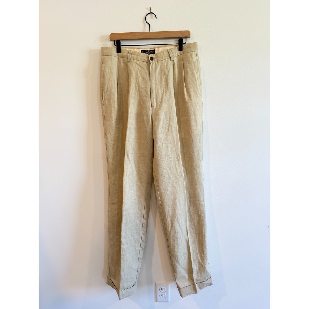 Vintage Banana Republic 100% Linen Pleated Smithfield Pants Mens 34L Beige